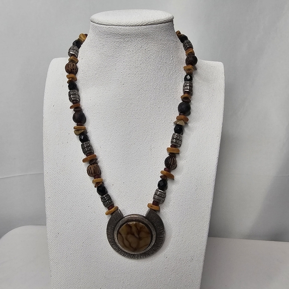 Vintage Chico's Necklace Statement BOHO Style Silver Tone & Lucite Medallion - Picture 1 of 7